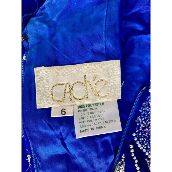 Vintage 1980s Cache Dress Women Size 6 Blue Silver Beaded Puff Sleeve Sequins - Picture 2 of 11